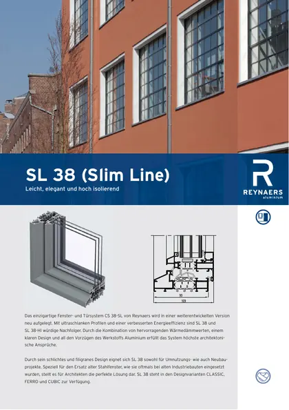 Titelseite der deutschen Reynaers SlimLine 38 Fenster Produktbroschüre