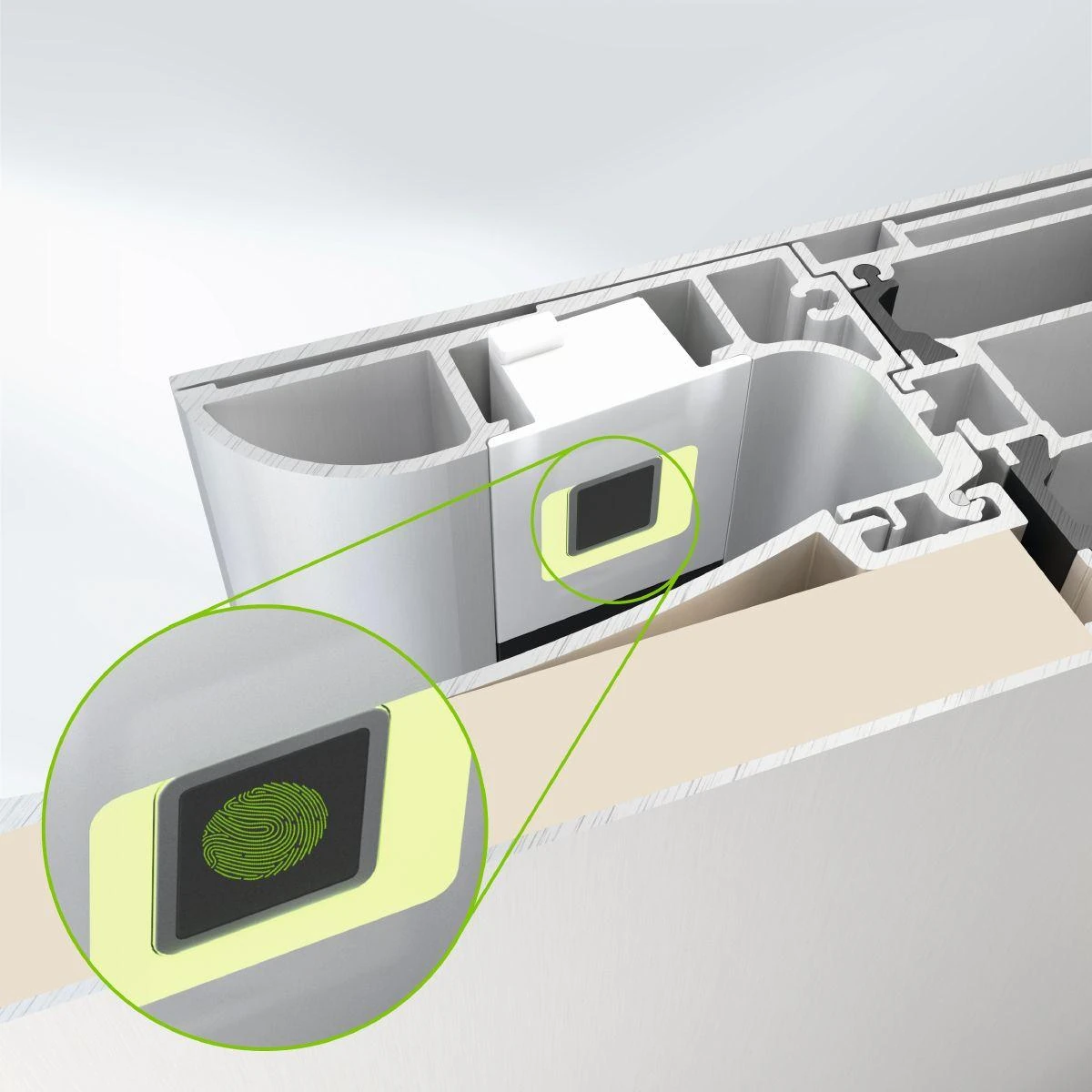 In das Profil einer Schüco Aluminium-Eingangstür integrierter Fingerprint-Leser